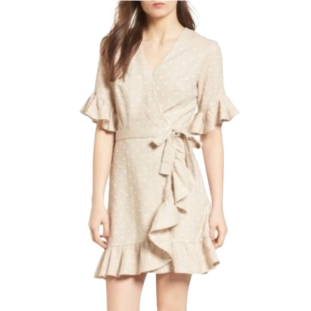 WAYF Linen Blend Ruffle Beige Polka Dot Wrap Tie Waist Mini Dress Size Small
